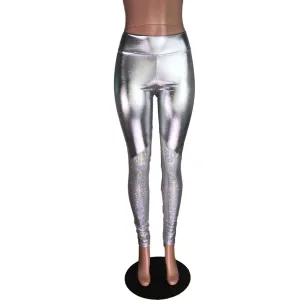 Metallic Silver and Shattered Glass Mid-Rise Leggings Pants