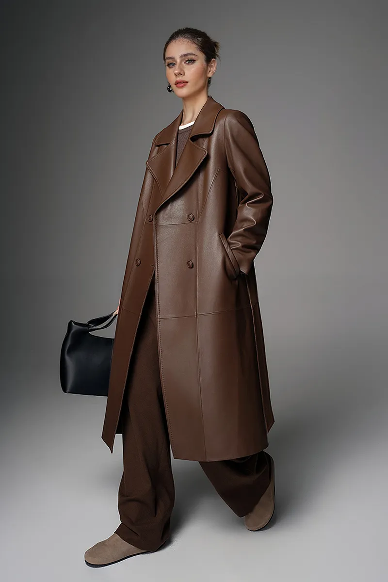 New Zealand Lambskin Leather Double Breasted Trench Coat with Belt