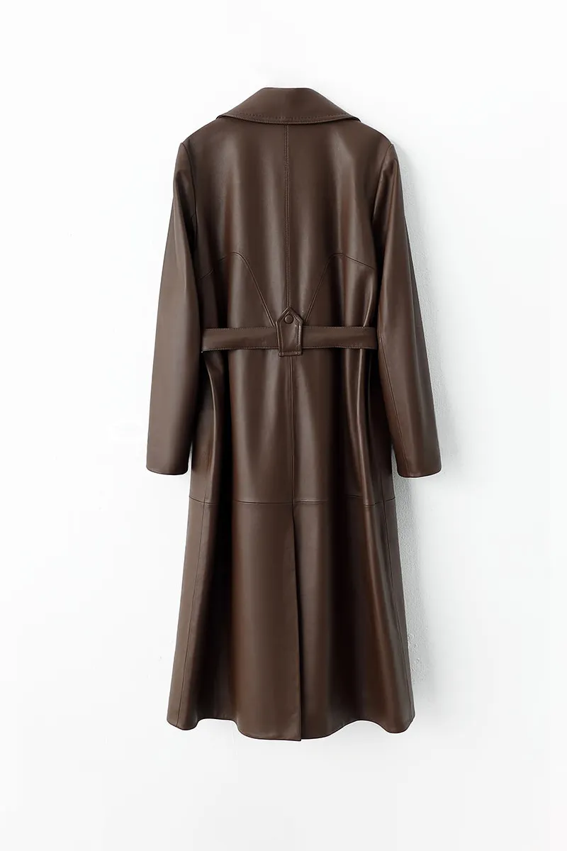 New Zealand Lambskin Leather Double Breasted Trench Coat with Belt