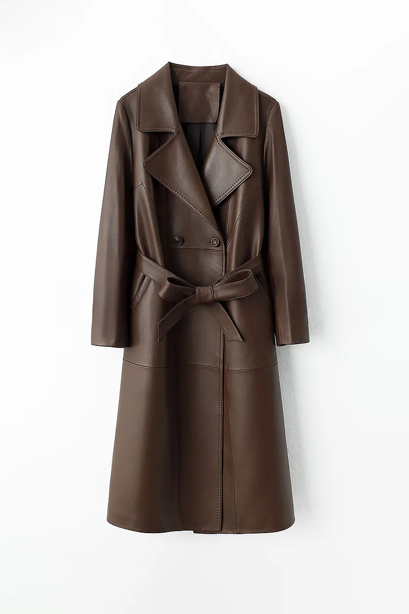 New Zealand Lambskin Leather Double Breasted Trench Coat with Belt