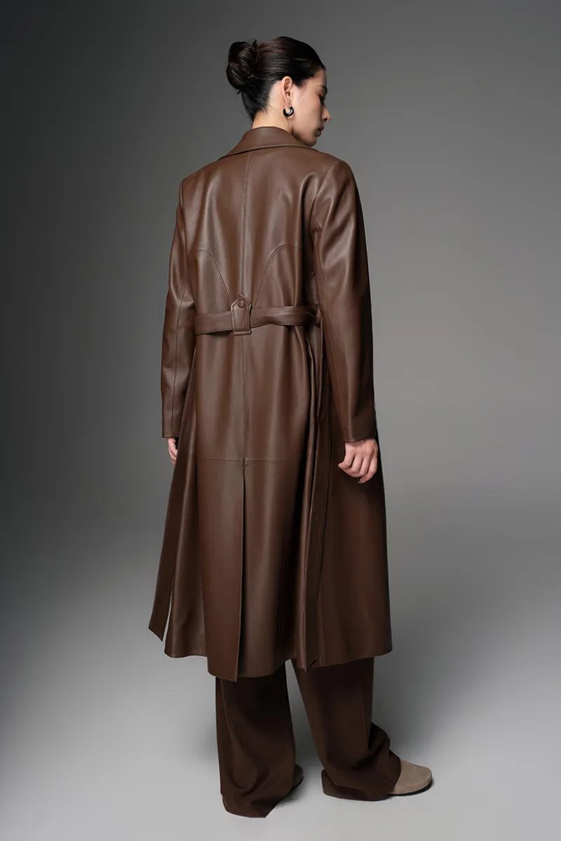 New Zealand Lambskin Leather Double Breasted Trench Coat with Belt