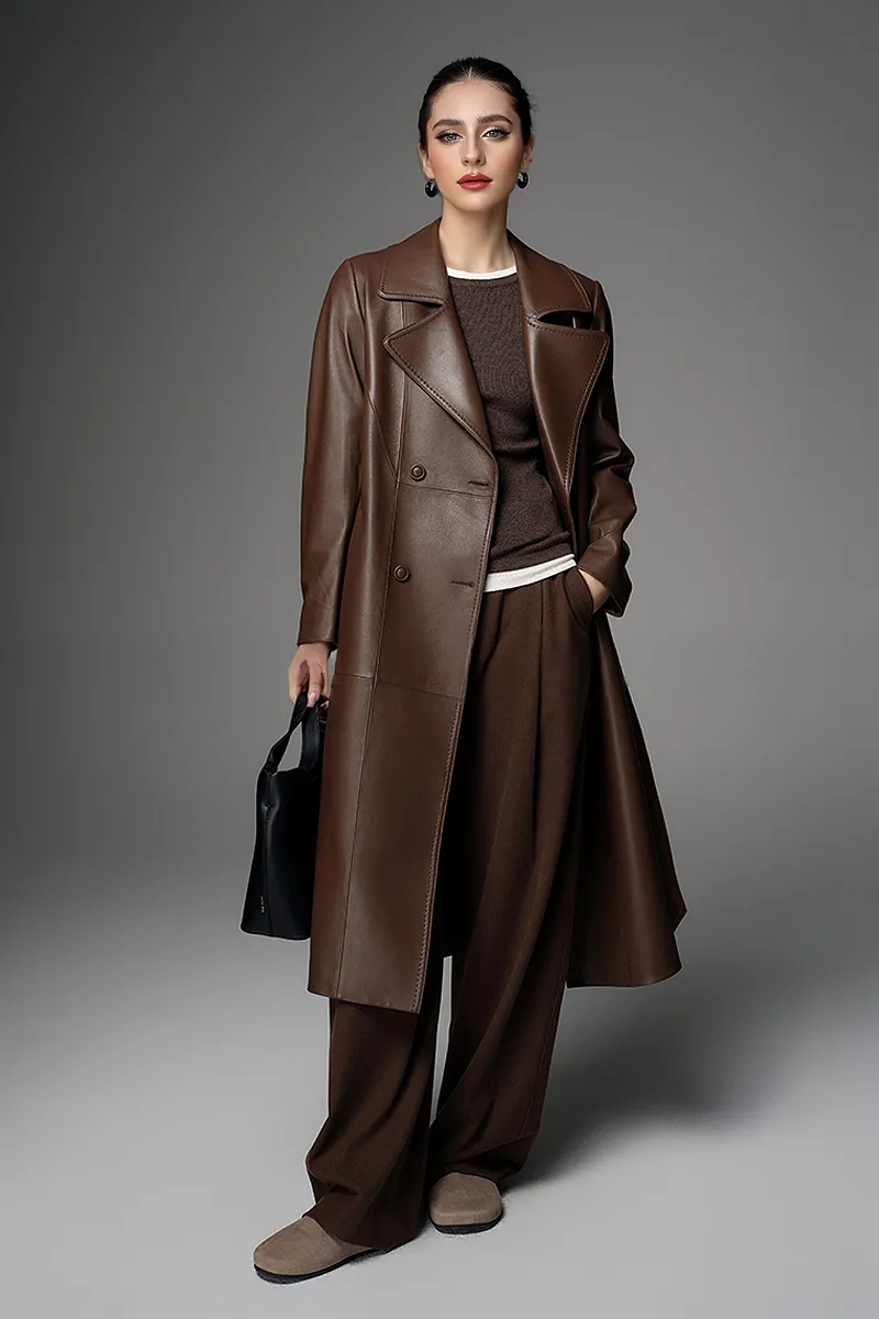 New Zealand Lambskin Leather Double Breasted Trench Coat with Belt