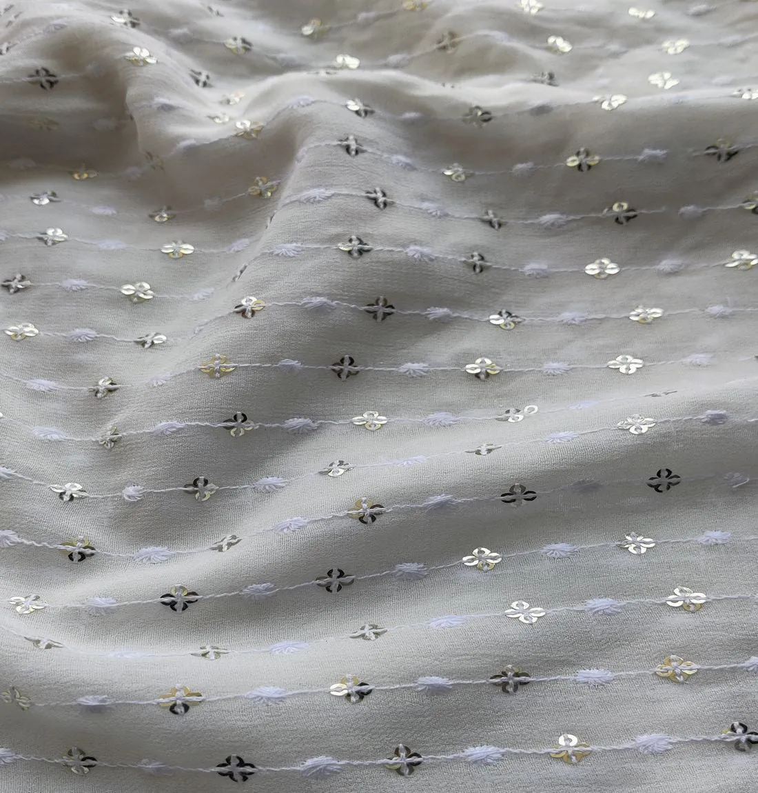 Pure White Stripes Sequence Embroidered Georgette Fabric (Wholesale)