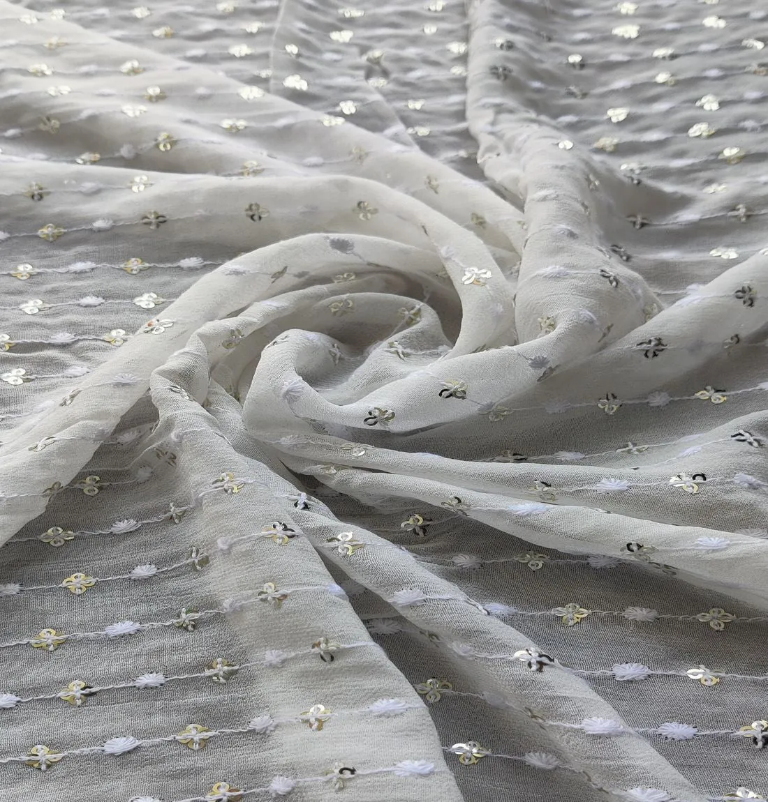 Pure White Stripes Sequence Embroidered Georgette Fabric (Wholesale)