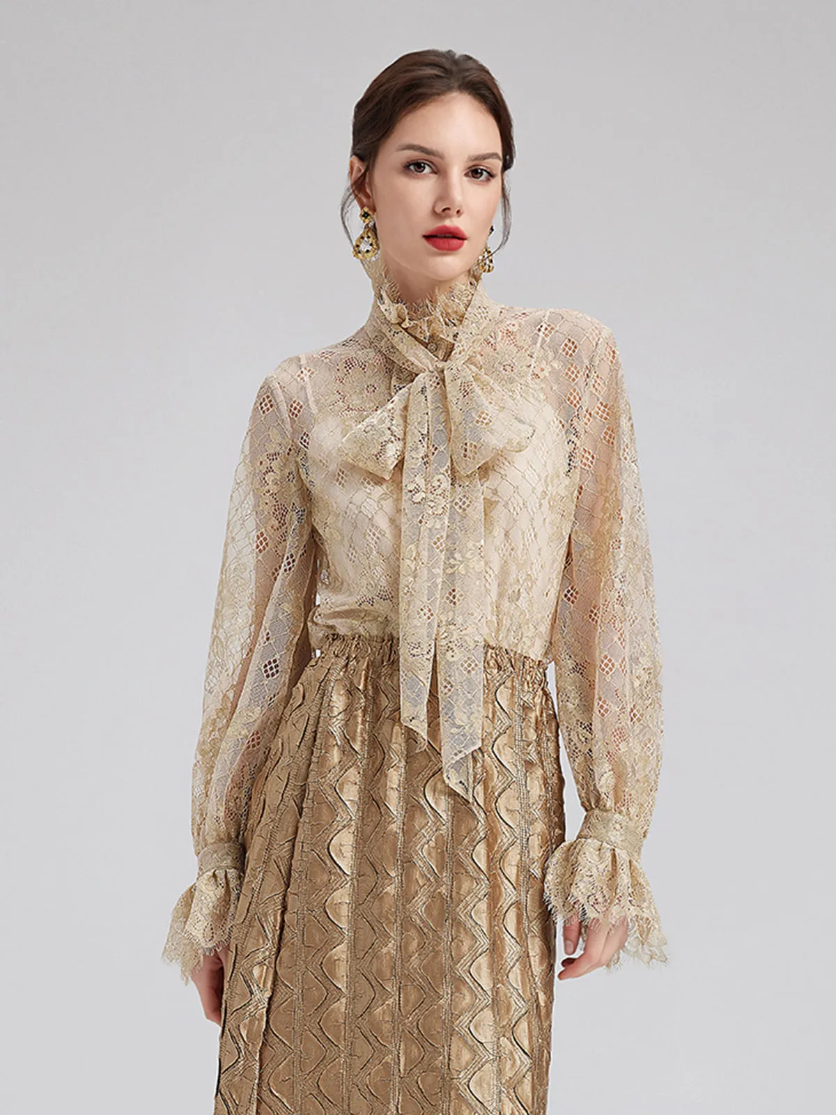 Romantic Ruffled Metallic Lace Shirt