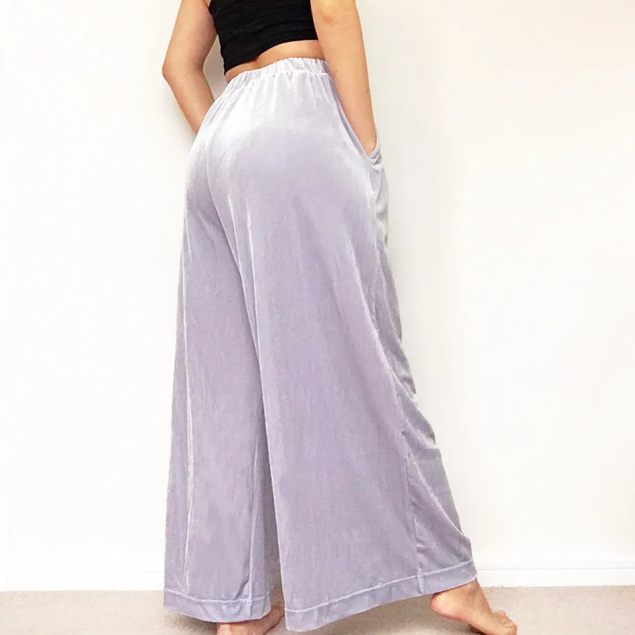 VELVET WIDE LEG GREY TROUSERS